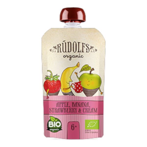 Παιδικός Πουρές με Μήλο, Μπανάνα, Φράουλα & Κρέμα 6+ Μηνών